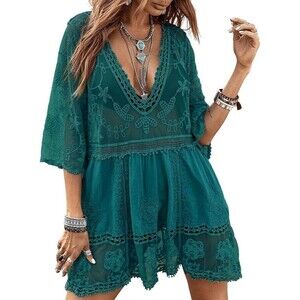 Womens Green Lace Swimsuit Coverup Embroidered V-Neck Eomenie One Size Dress Top